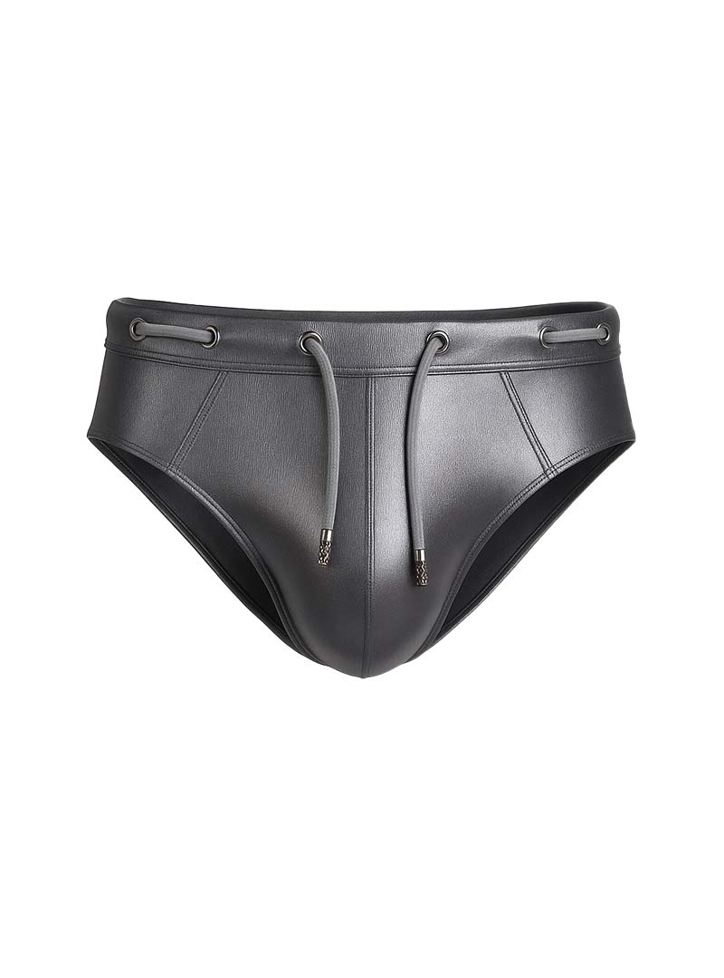 Black leather swim trunks tartarus side track metallic brief with drawstring waistband and metallic aglets