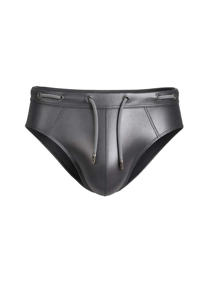 Black leather swim trunks tartarus side track metallic brief with drawstring waistband and metallic aglets