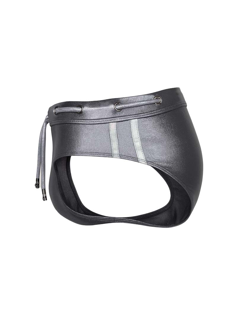 Black leather briefs with silver reflective stripes and drawstring waistband tartarus side track metallic brief