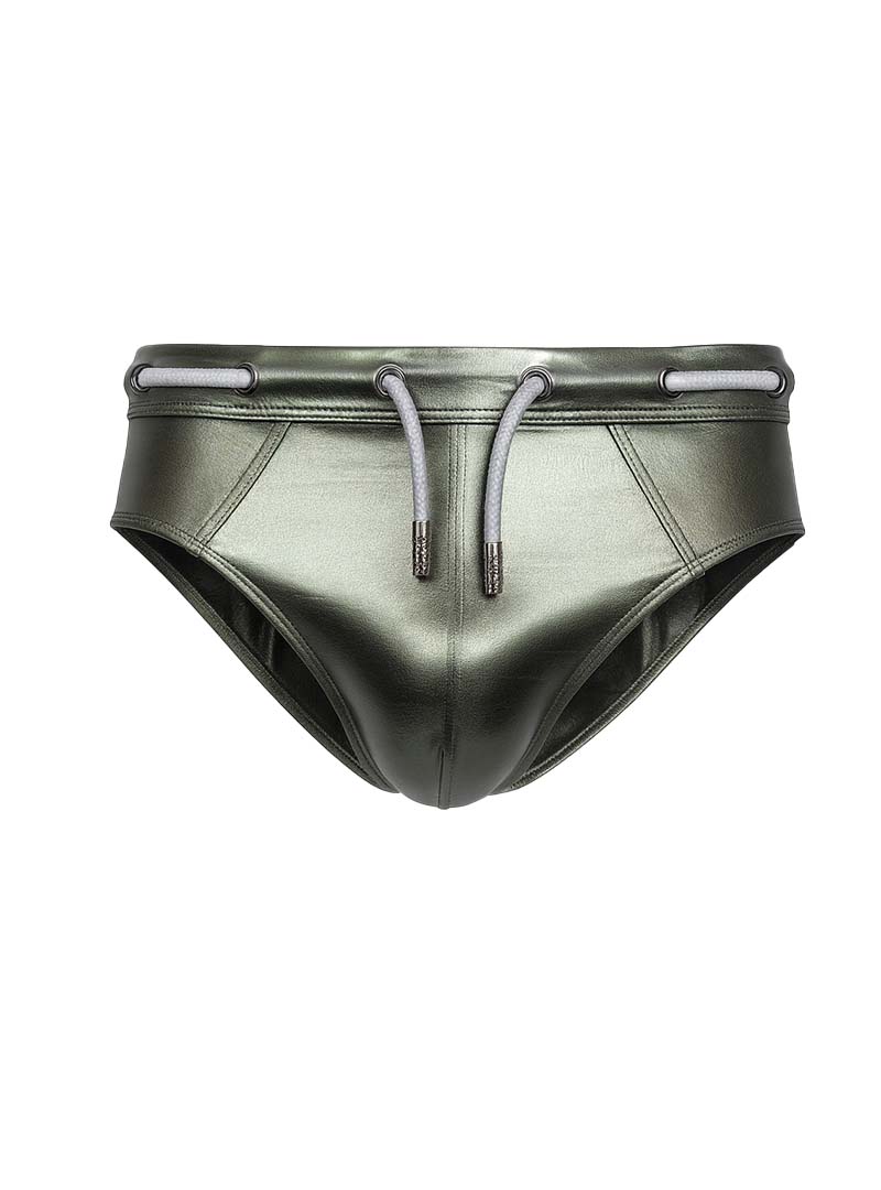 Metallic olive green swim trunks with a sleek glossy finish and matching drawstrings from tartarus side track metallic brief
