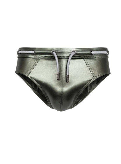 Metallic olive green swim trunks with a sleek glossy finish and matching drawstrings from tartarus side track metallic brief