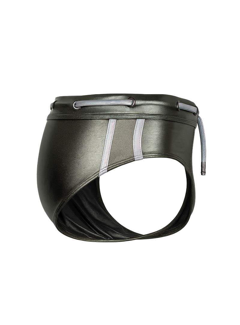 Dark olive green metallic leather briefs with silver toned drawstring and trim tartarus side track metallic brief