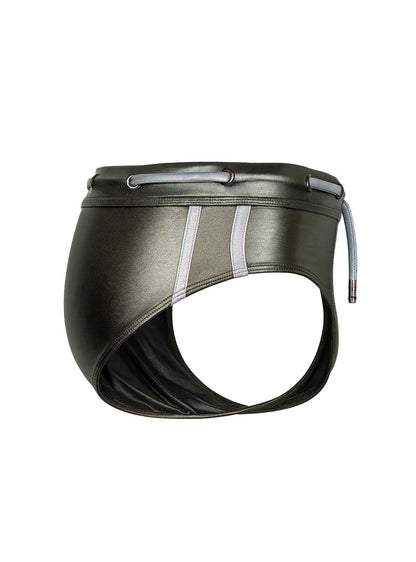 Dark olive green metallic leather briefs with silver toned drawstring and trim tartarus side track metallic brief