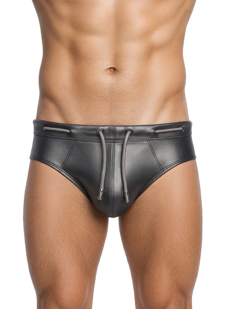 Black faux leather Tartarus Side Track Metallic Brief swim trunks with drawstring waistband and subtle stitching details