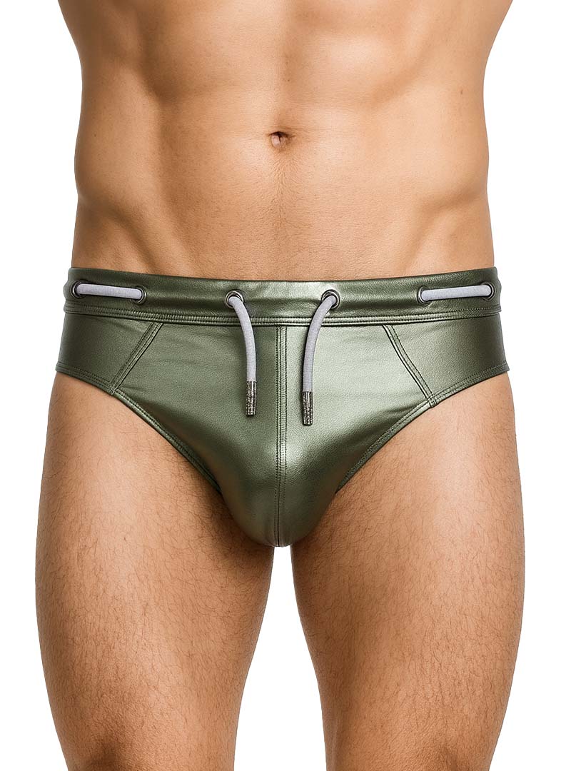 Olive green metallic swim trunks with gray drawstrings tartarus side track metallic brief front view