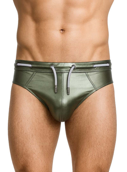 Olive green metallic swim trunks with gray drawstrings tartarus side track metallic brief front view