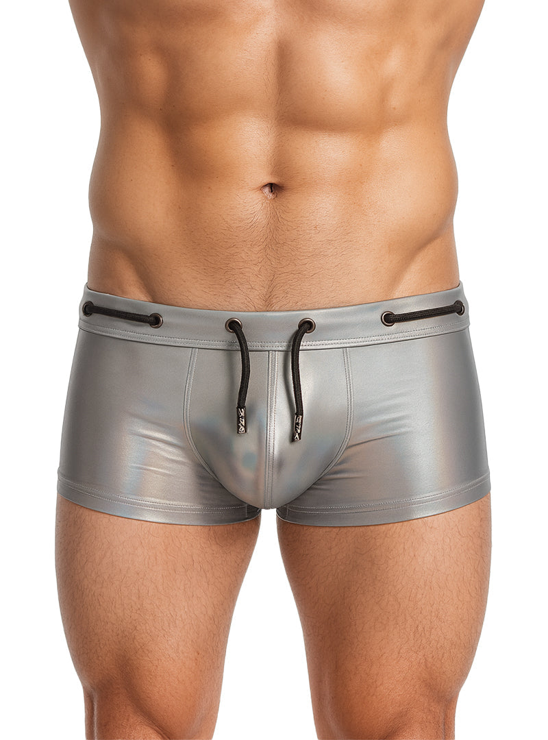 Tartarus side track metallic trunk shiny silver swim trunks with black drawstrings and metallic finish