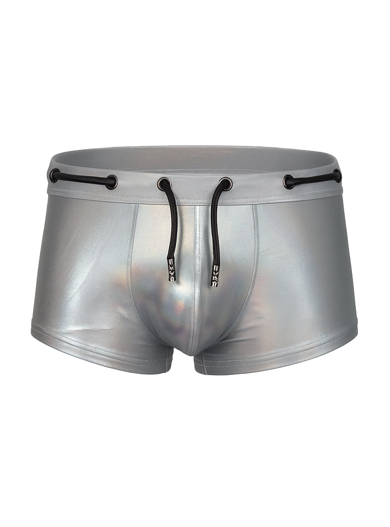 Tartarus side track metallic trunk silver swim trunks with black drawstrings and sleek shiny finish