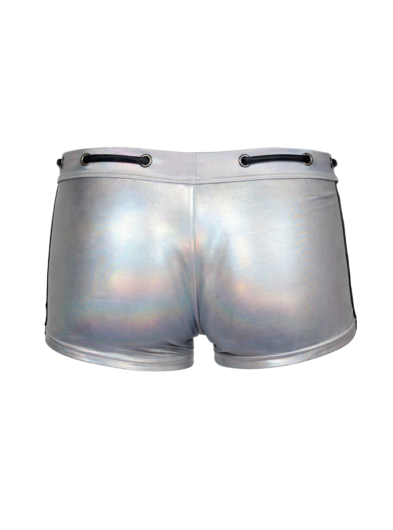Shiny silver holographic tartarus side track metallic trunk shorts with black side stripes and drawstring waistband