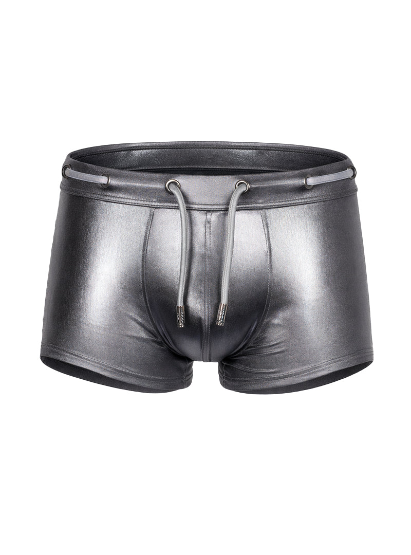 Shiny black faux leather swim trunks with a drawstring waistband tartarus side track metallic trunk