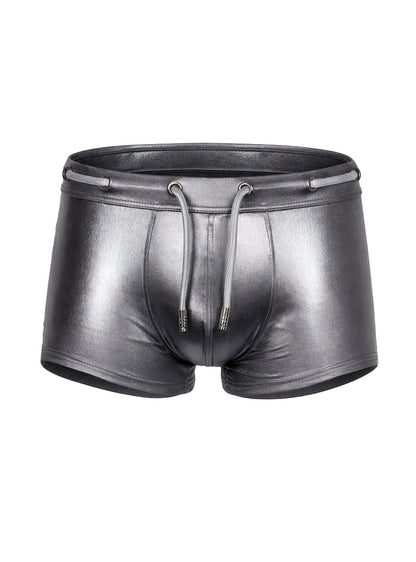 Shiny black faux leather swim trunks with a drawstring waistband tartarus side track metallic trunk