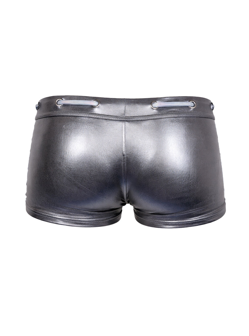Shiny black faux leather Tartarus side track metallic trunk shorts with sleek fit and silver lace-up waistband details
