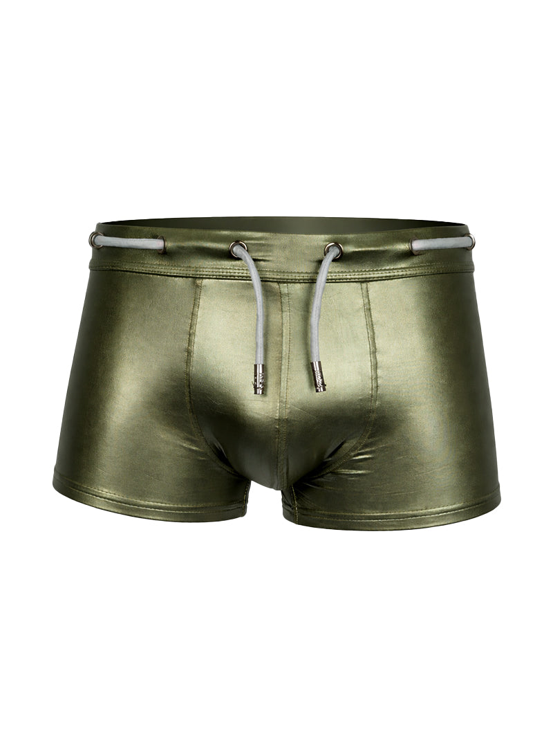 Tartarus side track metallic trunk olive green swim trunks with white drawstrings and silver metal aglets