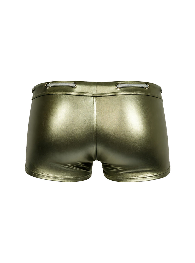 Tartarus side track metallic trunk shiny olive green metallic shorts with sleek form fitting design and silver lace up waistband