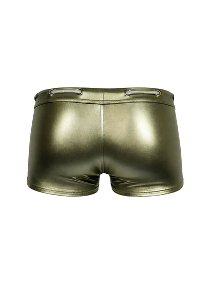Tartarus side track metallic trunk shiny olive green metallic shorts with sleek form fitting design and silver lace up waistband