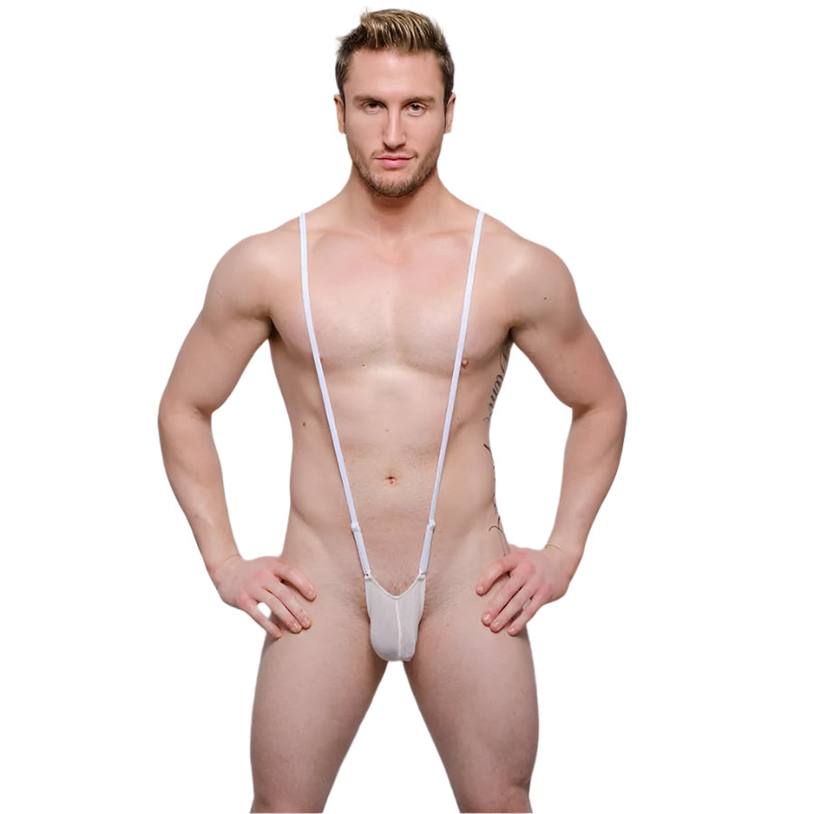 White mesh one-piece swimsuit with thin straps and supportive pouch design in tartarus sling shot body thong style