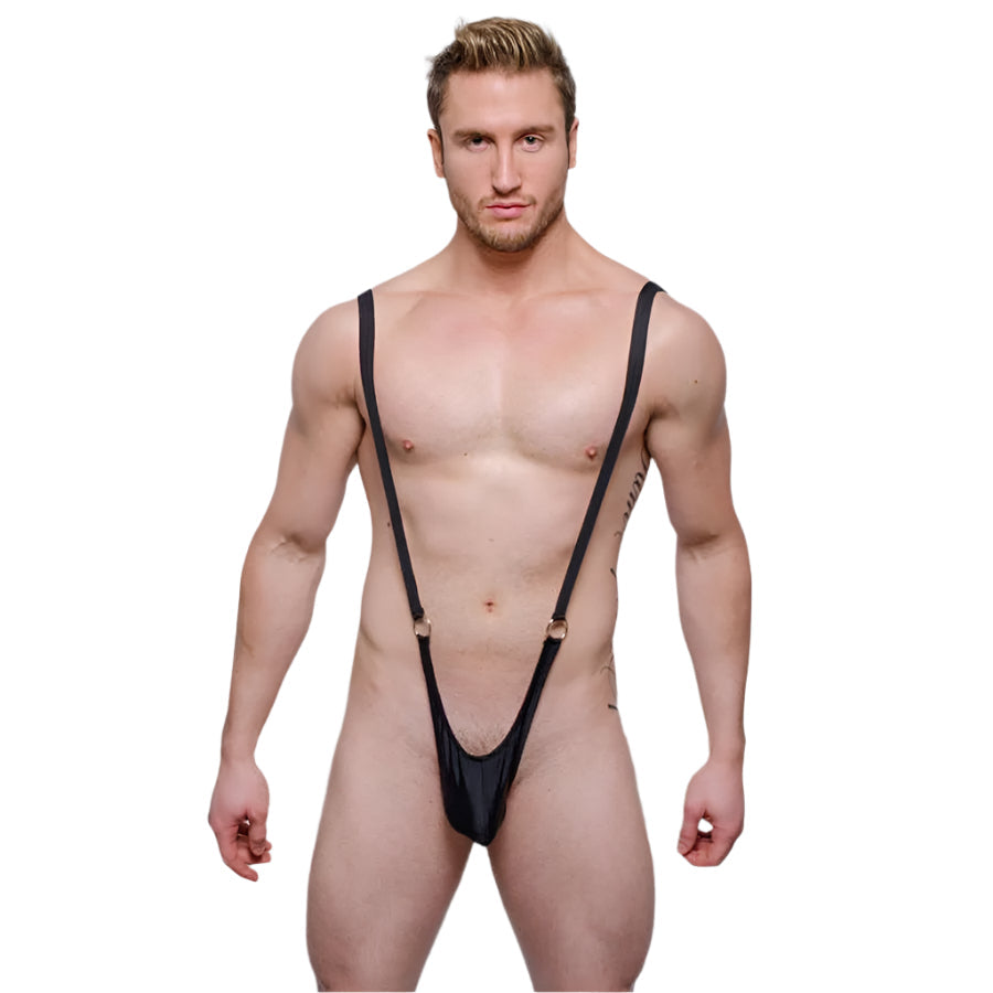 Black sleek one-piece suspender-style swimwear with thin straps and snug fit tartarus sling shot body thong with rings