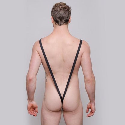 Black mesh strappy backless briefs with rings showing the back of tartarus sling shot body thong