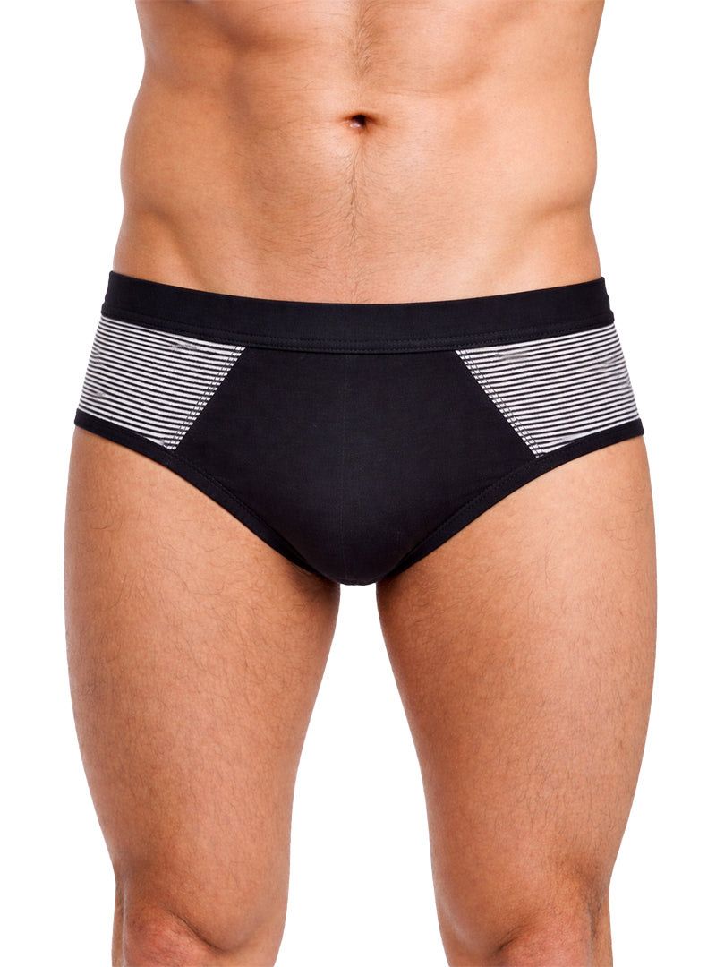 Black tartarus striped cotton brief featuring contrasting gray and white striped side panels for comfortable wear