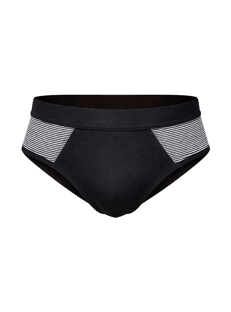 Black tartarus striped cotton brief swim trunks with white and gray striped side panels for swimming and beachwear
