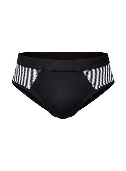 Black tartarus striped cotton brief swim trunks with white and gray striped side panels for swimming and beachwear
