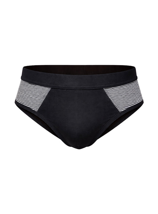 Black tartarus striped cotton brief swim trunks with white and gray striped side panels for swimming and beachwear