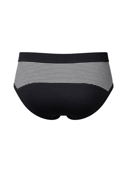 Black and white striped cotton bikini brief with solid black waistband showing front side for casual wear