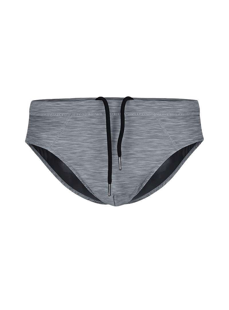 Gray heathered tartarus swim brief swim trunks with black drawstrings and contrasting black inner lining