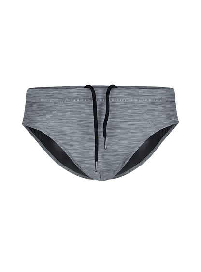 Gray heathered tartarus swim brief swim trunks with black drawstrings and contrasting black inner lining