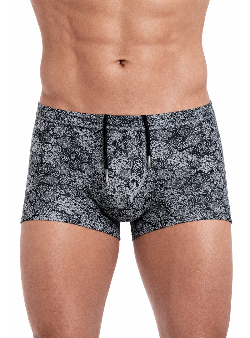 Black and gray floral patterned Tartarus swim trunk with drawstring waistband for comfortable beachwear