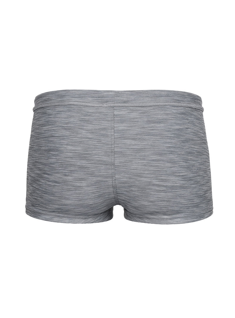 Gray heathered tartarus swim trunk with snug elastic waistband and seamless construction for athletic use