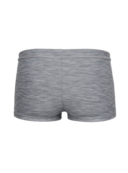 Gray heathered tartarus swim trunk with snug elastic waistband and seamless construction for athletic use