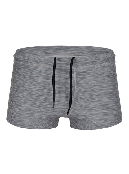 Gray heathered tartarus swim trunk with black drawstrings made from lightweight quick-dry fabric for swimming