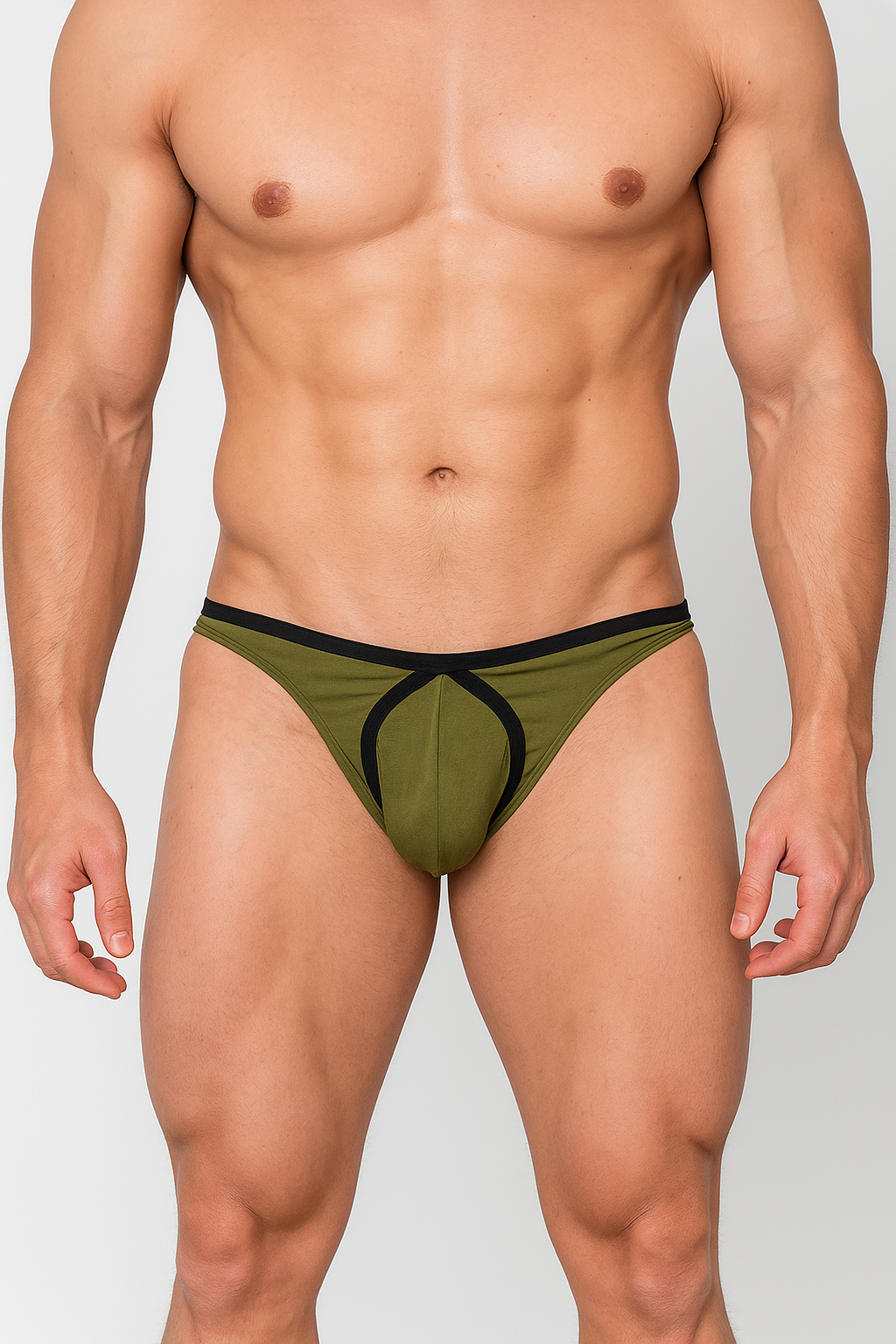 Olive green and black tartarus tear drop thong athletic briefs featuring a distinctive cutout design
