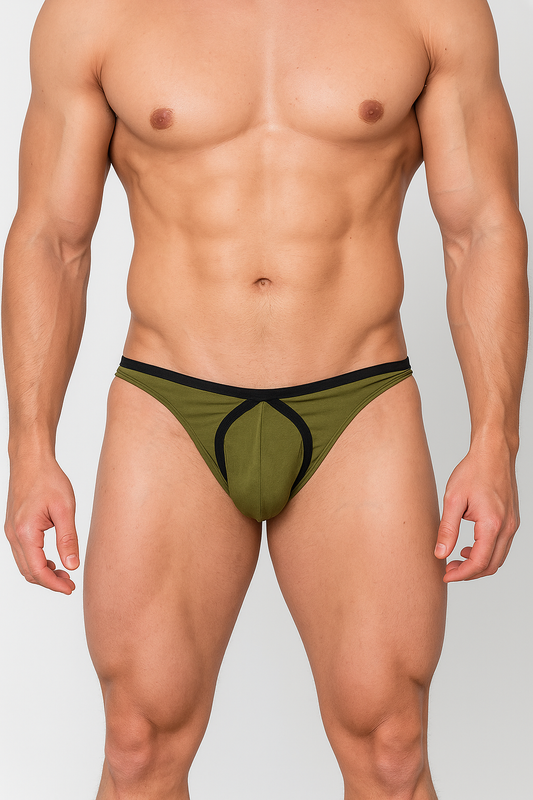 Olive green and black tartarus tear drop thong athletic briefs featuring a distinctive cutout design