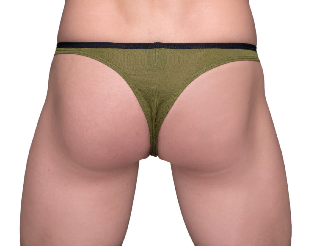 Olive green tartarus tear drop thong with black elastic waistband featuring a comfortable stretchy fit