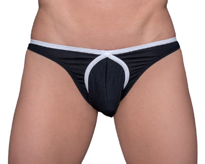 Black and white tartarus tear drop thong with a distinctive circular design on the front in soft fabric