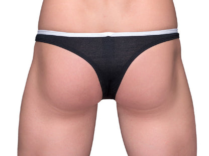 Black tartarus tear drop thong with white elastic waistband showing front side design and material details
