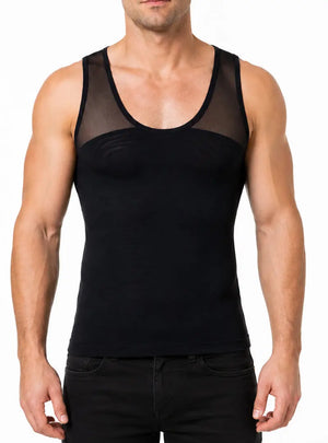 Black tank top with sheer panels made of soft material worn by a model by Tartarus.