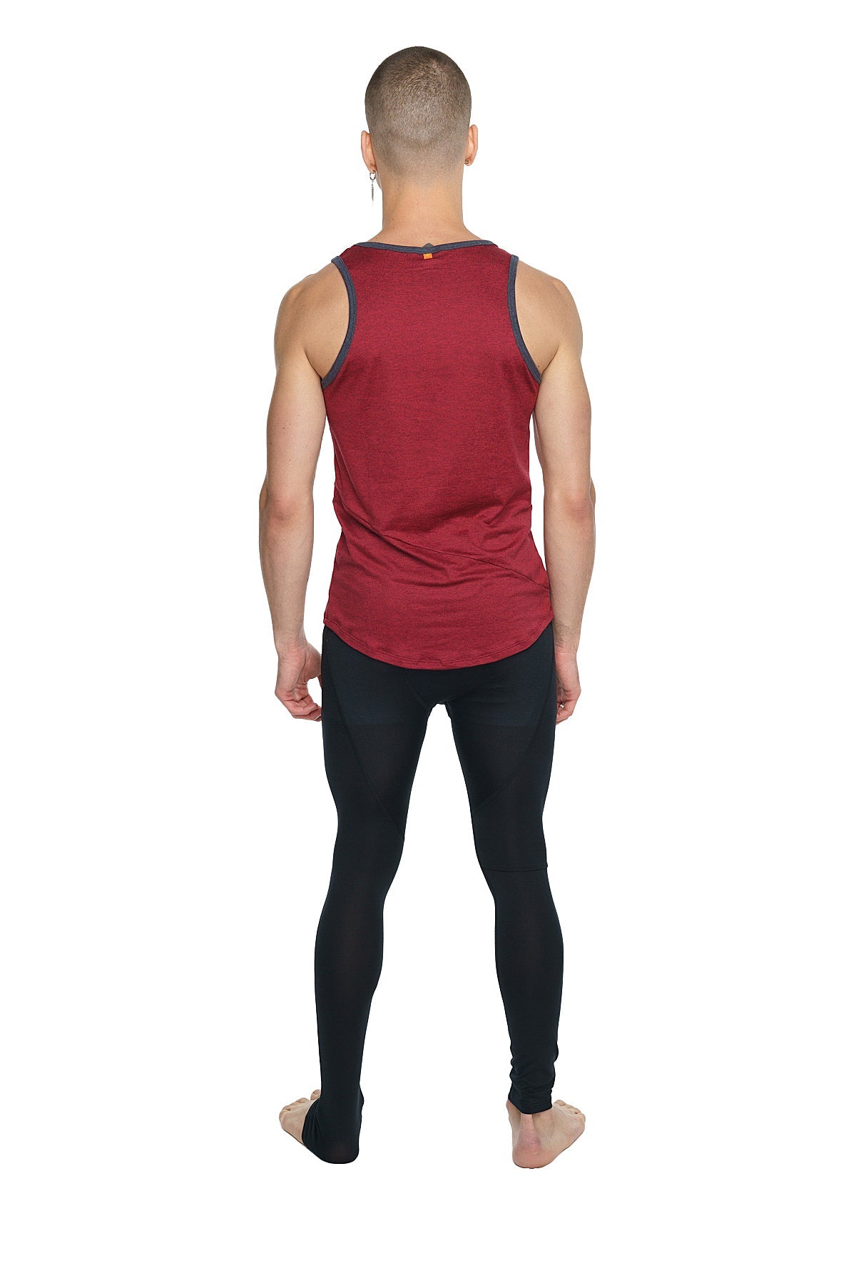 Red sleeveless tank top with dark gray trim along neckline and armholes in brick red perfect tank design