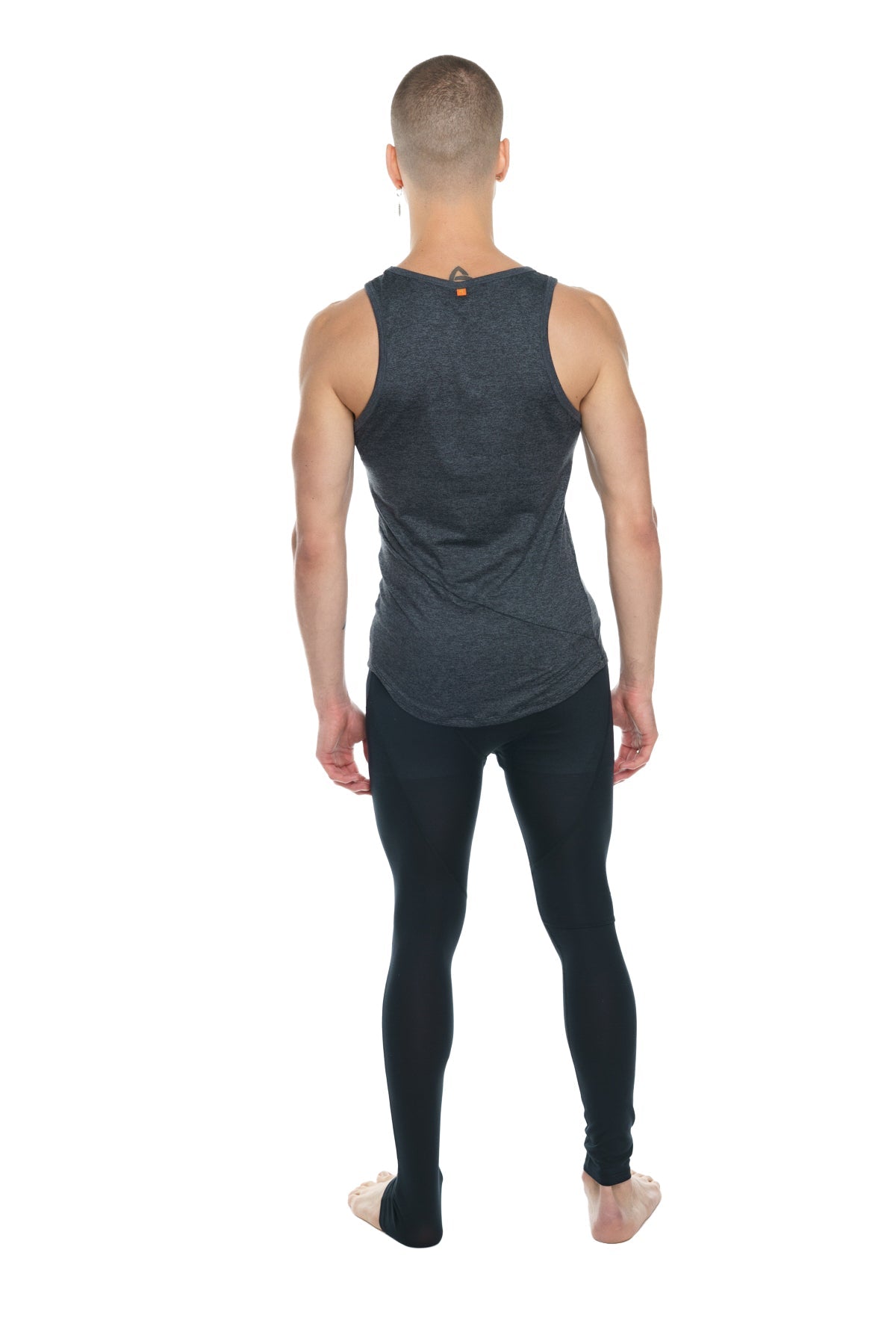 Dark gray fitted tank top with subtle textured pattern and small orange neckline tag the perfect tank charcoal heather