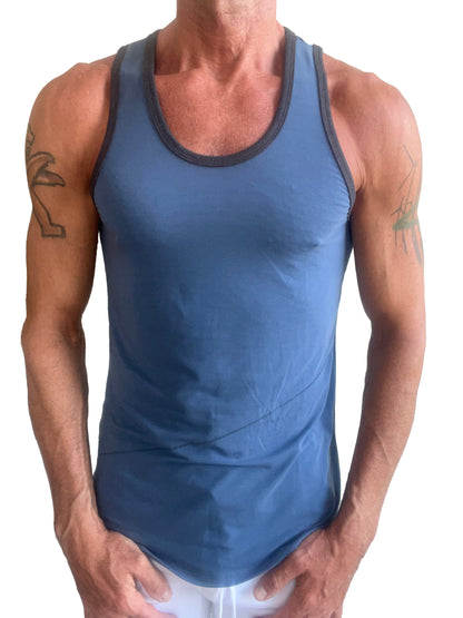 Blue athletic tank top the perfect tank denim blue with dark gray trim around neckline and armholes