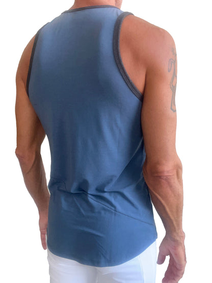 Blue athletic tank top the perfect tank denim blue with dark gray trim along neckline and armholes
