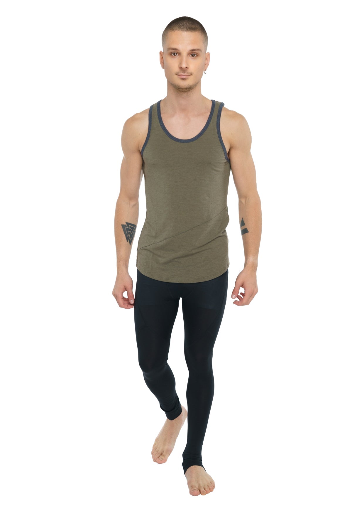 Olive green tank top with dark gray trim from the perfect tank olive heather collection in soft breathable fabric