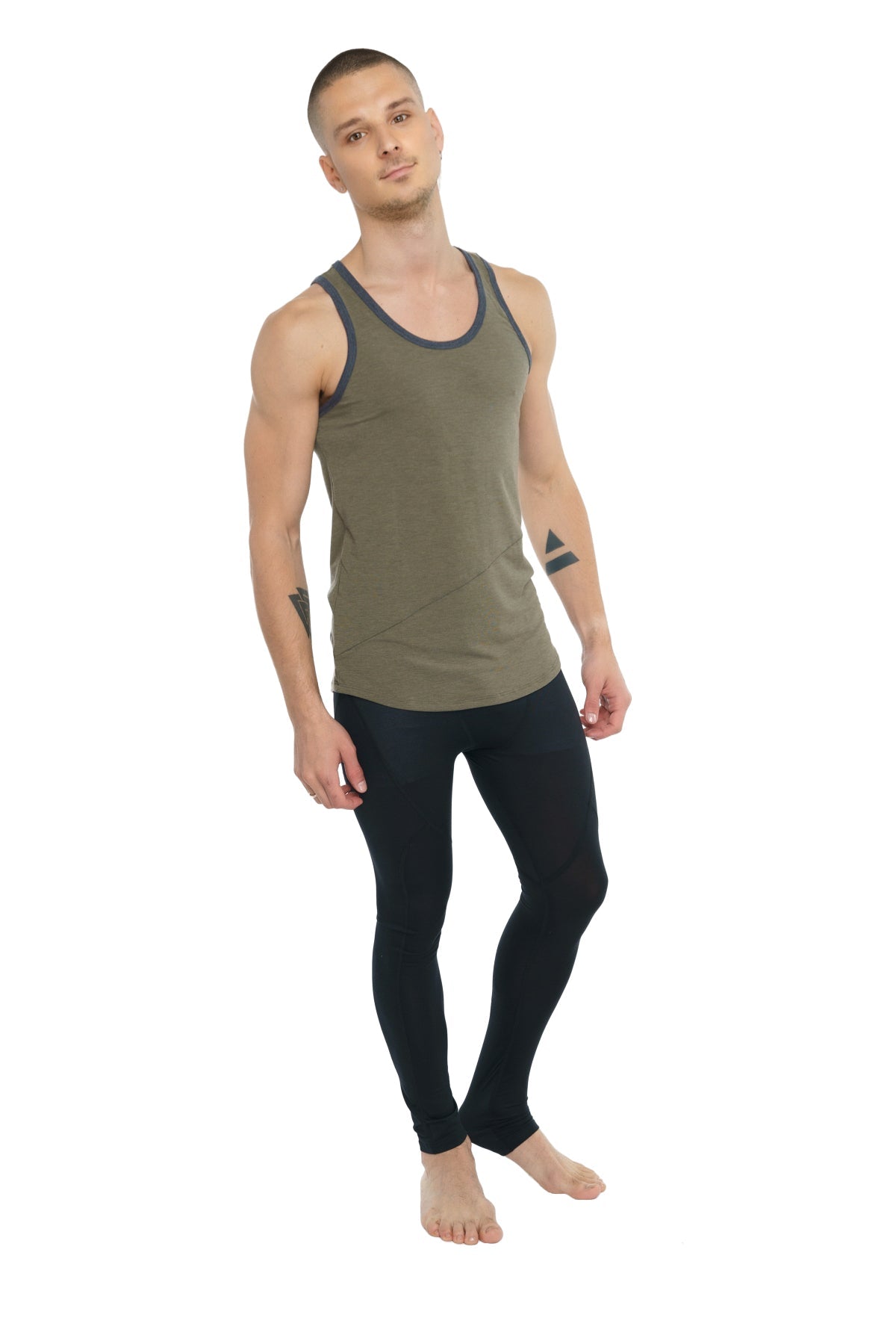 Olive green racerback tank top with dark gray trim from the perfect tank olive heather collection, shown from the back