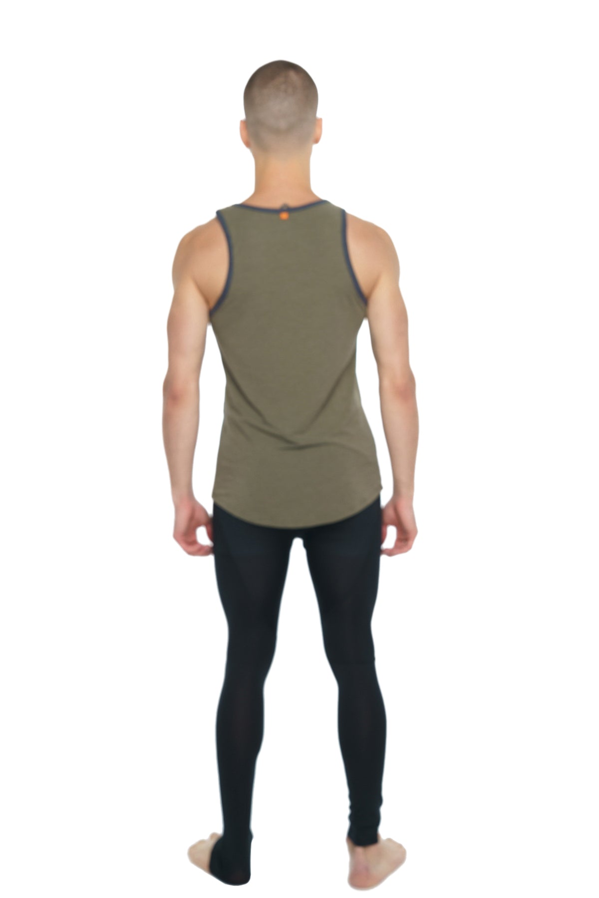 Olive green sleeveless athletic tank top with dark gray trim along neckline and armholes from the perfect tank line