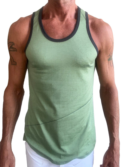 A men’s olive green tank top with black trim around the neckline and armholes called the perfect tank sage green