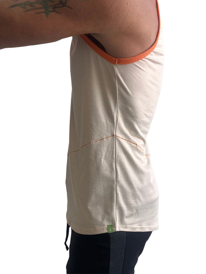 Cream-colored tank top with orange ribbed trim and subtle stitching details in sand beige perfect tank design