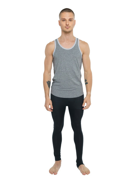 Gray heathered tank top with light gray trim made of soft fabric called The Perfect Tank steel heather
