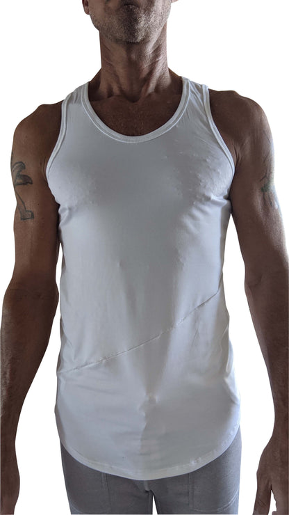 White sleeveless tank top with rounded neckline and subtle diagonal seam detail called the perfect tank white